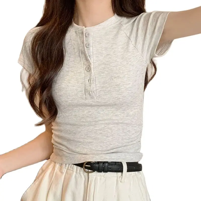

Girls Knit T-shirt Short Sleeves Stand Collar Elegant Lady Cotton Spandex Top