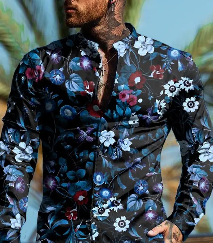 Мужская рубашка с длинным рукавом цветочным принтом