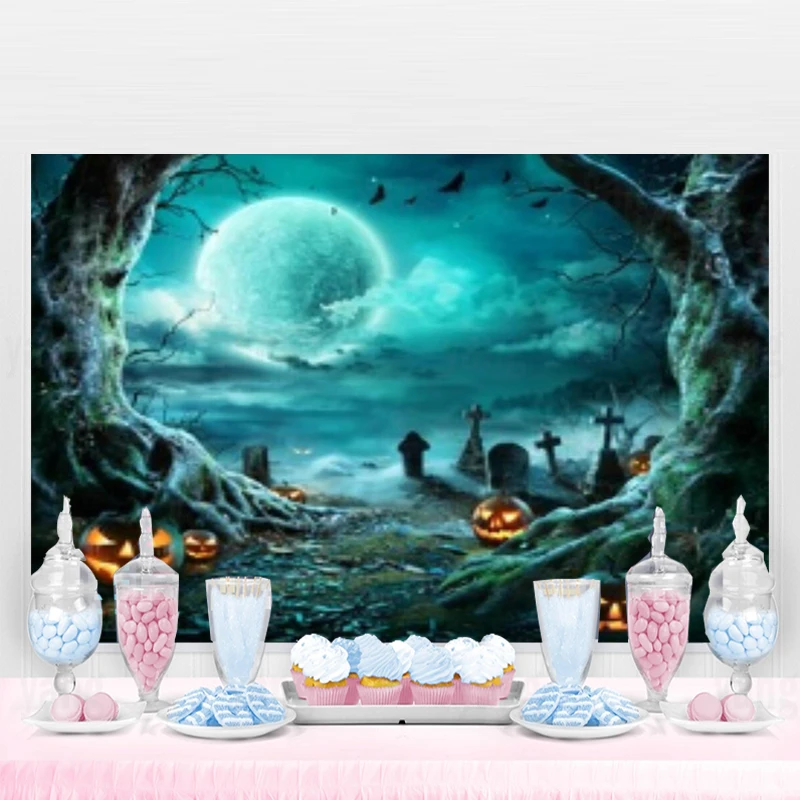 

Halloween Scary Decoracion Cemetery Skull Party Backdrop Vinyl Photo Background Photography Moon Night Backdrop Studio Props