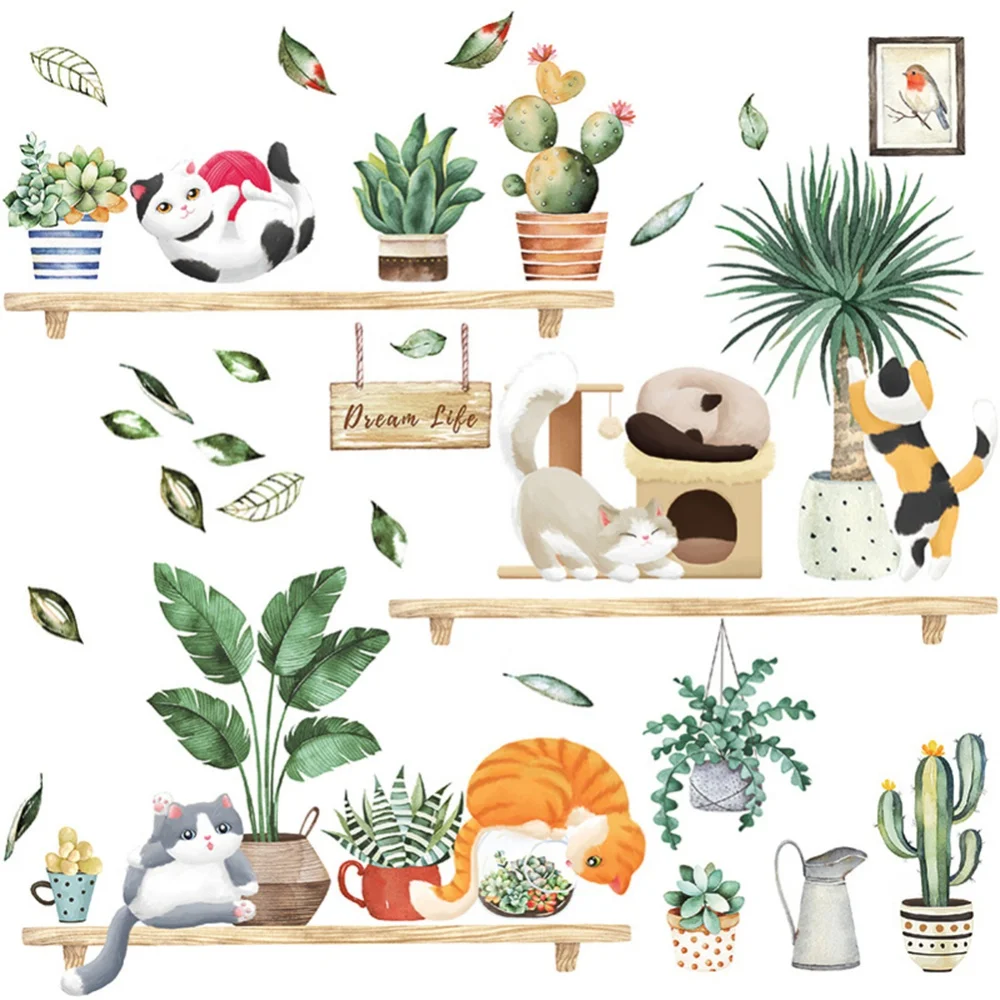Зеленые растения в горшке котенок настенный стикер HT94038 свежий домашний стильный