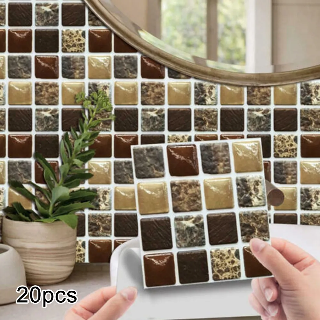 

20Pcs 10x10cm 3D Mosaic Crystal Tile Stickers Kitchen Bathroom Wall Decor PVC Adhesive Waterproof Oil-Proof Home Wallpaper