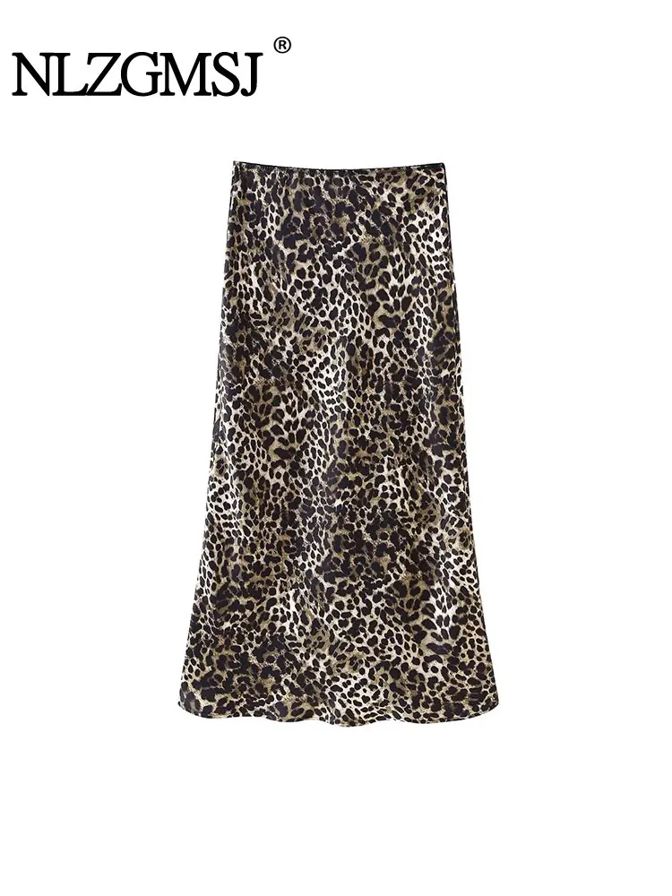 

TRAF 2024 Leopard Print Skirt Woman High Waist Midi Skirt Women Elegant Long Skirts For Women Fashion Women's Skirts