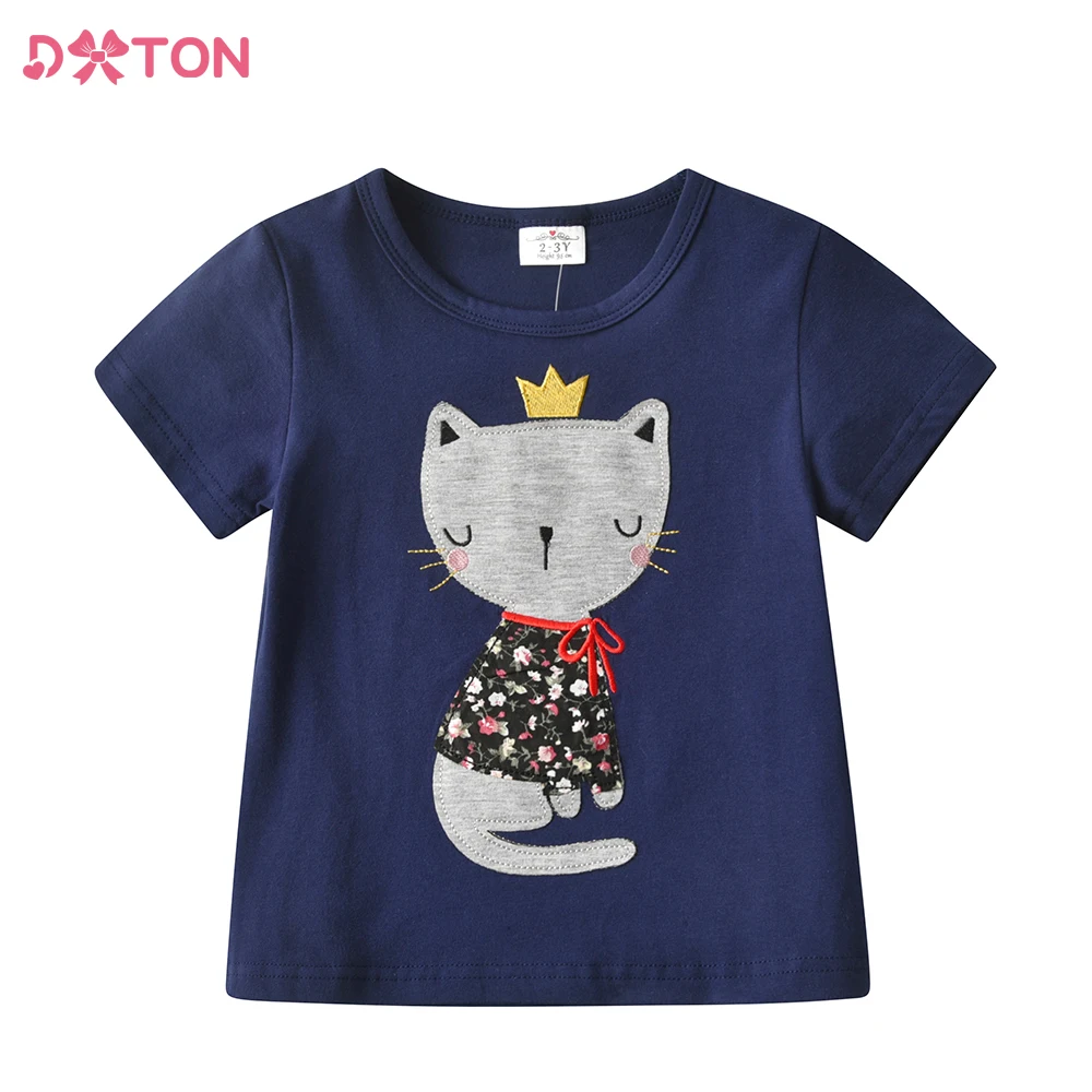 

DXTON Kids Cat Cartoon Appliqued Summer Short Sleeve Tops and Tees Girls Casual Daily School Cotton T Shirt Children Clothing