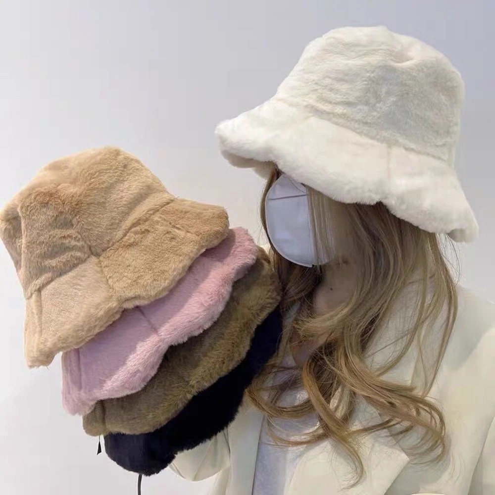 

Winter Ruffle Bucket Hats Sweet Soft Plush Panama Caps For Women Outdoor Thermal Solid Color Lotus Leaf Cute Fisherman Hats