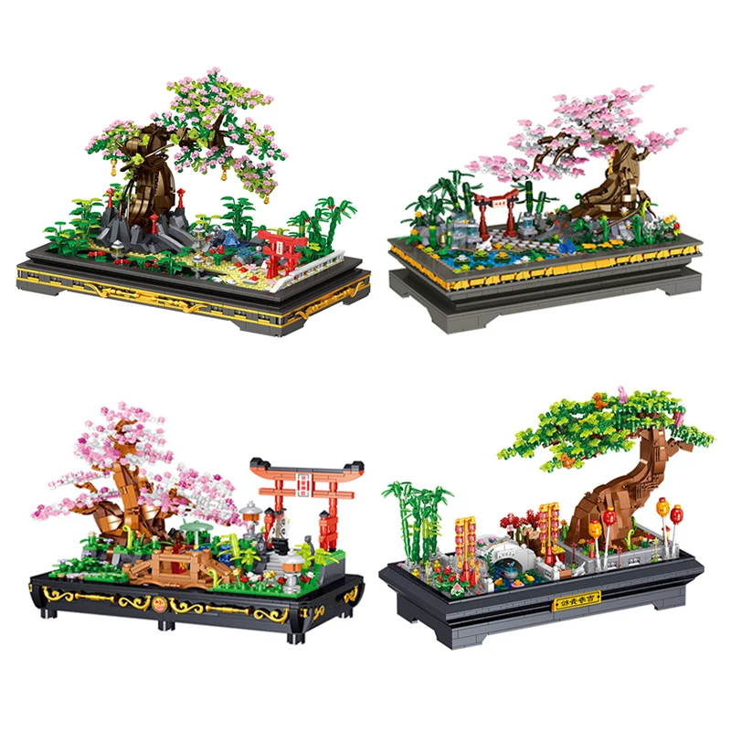 

Mini Garden Bonsai Building Block Cherry Blossom Pine Pavilion 3D Model Brick Plant Potted Home Decoration Children's Toy Gift