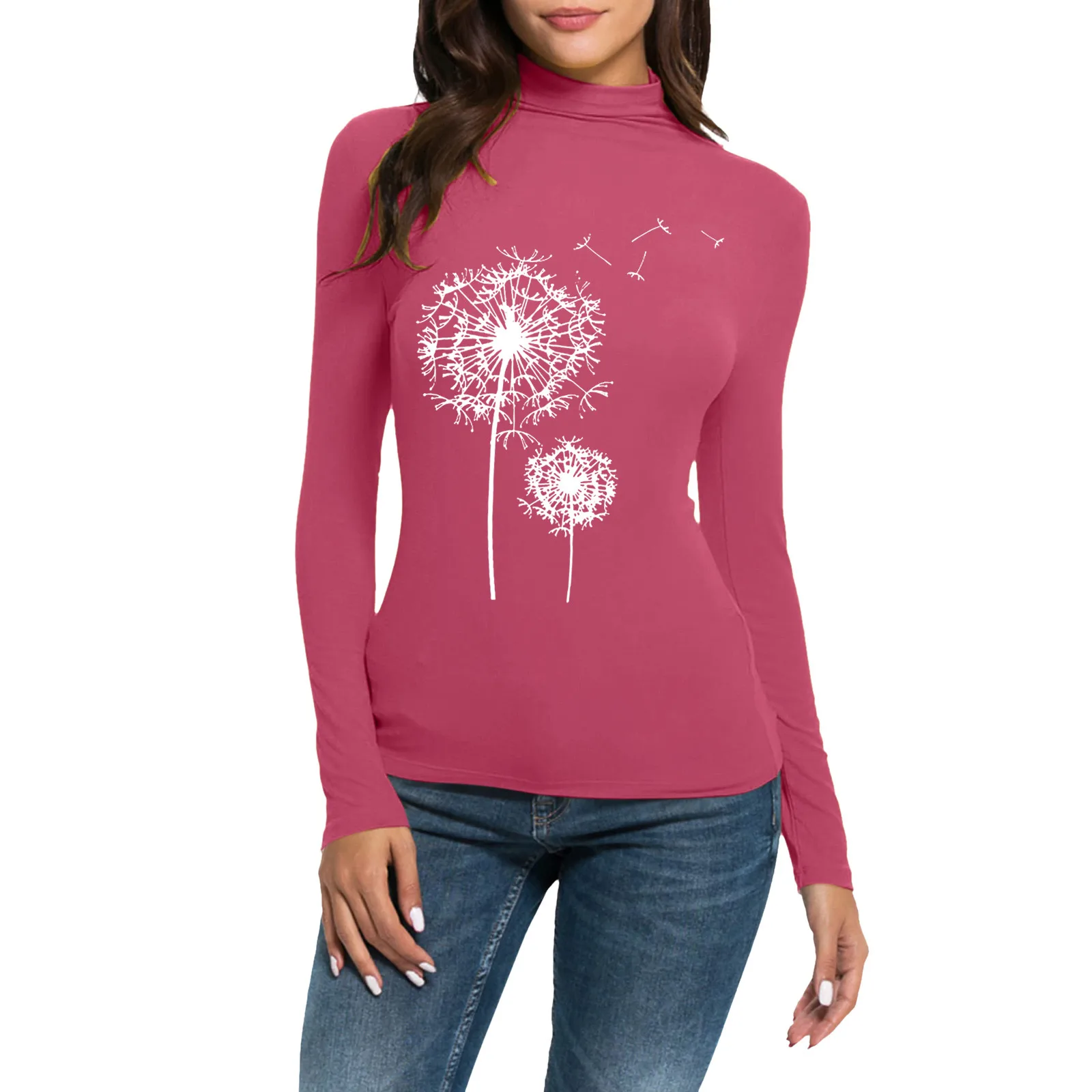 

Comfortable Tops For Women Casual Print Long Sleeve Mock Turtleneck Blouse Tops Slim Fit Stretchy Layer Tee Shirts