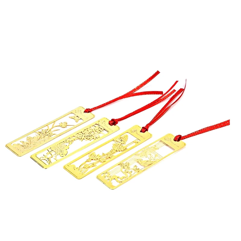 

4PCS Metal Bookmarks Gold Bookmarks For Kids,Women,Golden Hollow Book Mark With Red Knotting Strap Set