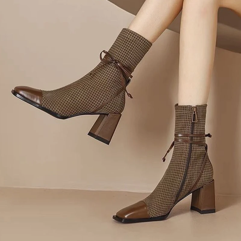 Женские ботильоны на высоком каблуке с бантом и квадратным носком новинка 2025