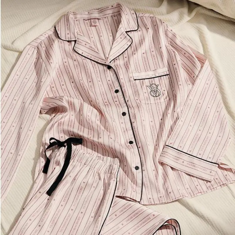 

Silk Pajamas For Women Long-sleeved Trousers Home Suit Women's 2023 New Autumn Two-Piece Sets Loungewear Button-Down Sleepwear