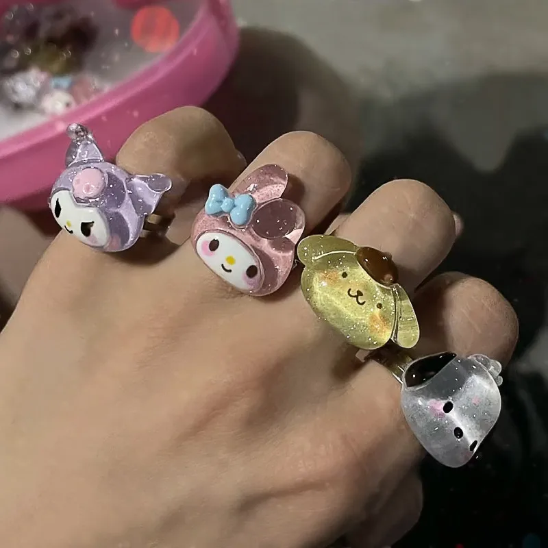 

2023 Sanrio Anime Ring Adjustable Accessories Cute Cinnamoroll My Melody Kuromi Resin Girlfriend Girl Heart Decorate Toys Gift