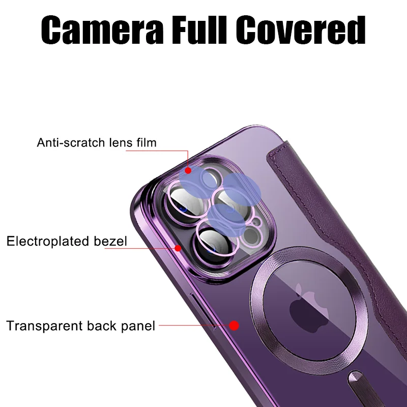 Leather Flip Cover Magnetic Electroplating TPU Case For iPhone 14 Pro Max Plus 13 12 11 Lens Glass Film Wireless Charging