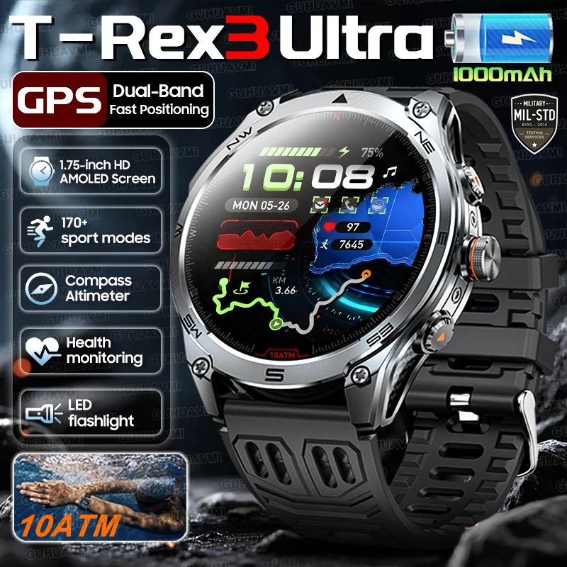 Фото Новинка 2025 года, военные умные часы T-Rex 3 Ultra GPS, аккумулятор 1000 мАч, 10 АТМ, водонепроницаемый компас, фонарик, спортивные трекеры, умные часы для мужчин №1