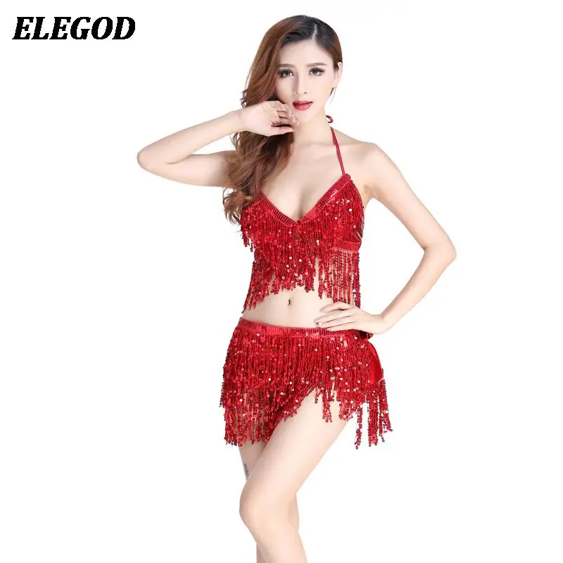 

2023 Sexy Belly Dance Outfit Set Tassel Tops and Fringe Hip Scarf Skirts Women Bellydance Indian Dance Practice Training Suit