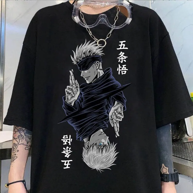 Mode Jujutsu Kaisen Satoru Gojo Anime Imprimé Dame O-cou Manches Courtes T-shirt femme Noir Blanc À