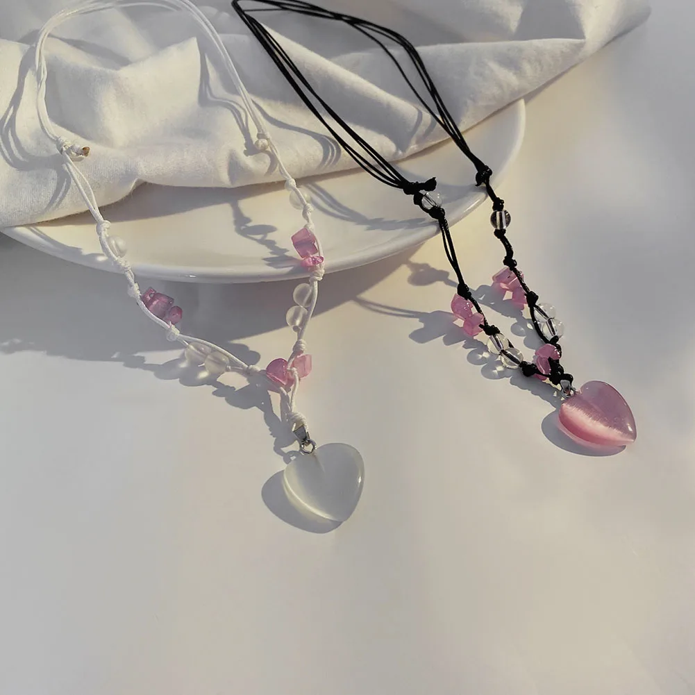 

Korean Cute Natural Stone Love Pendant Necklace For Women Sweet Cool Personality Adjustable Jewelry