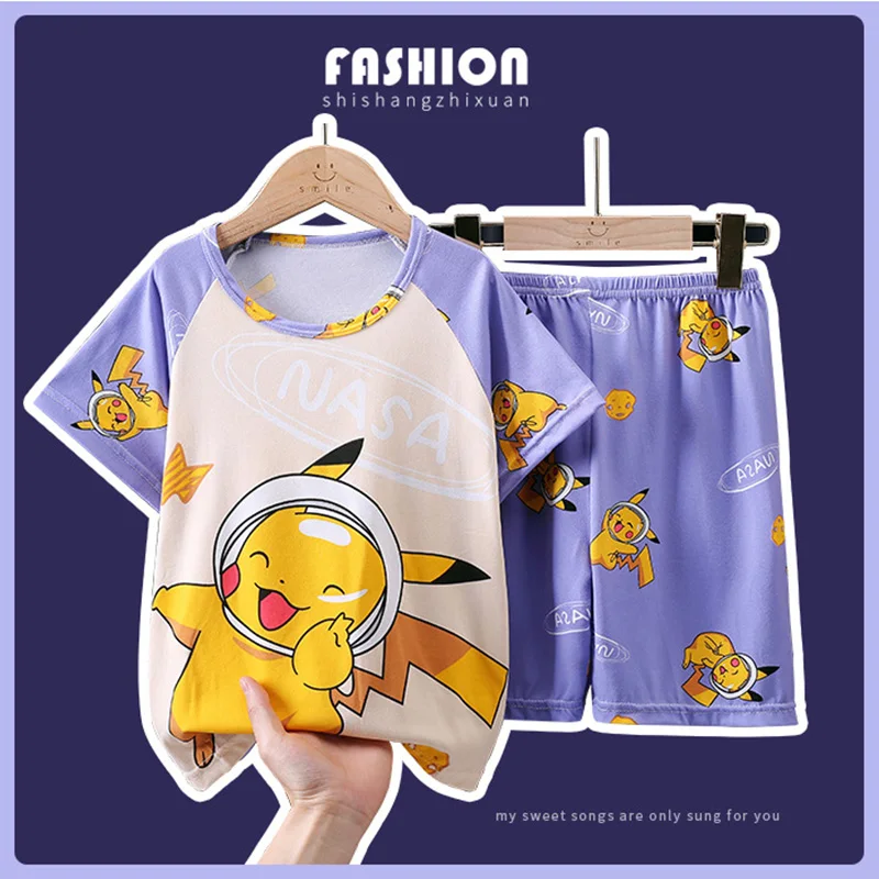 Pikachu Children's Pajamas Sets Children Boys and Girls Pokemon Cartoon Short Sleeve Pijamas Set Kids Sleepwear Home Clothes