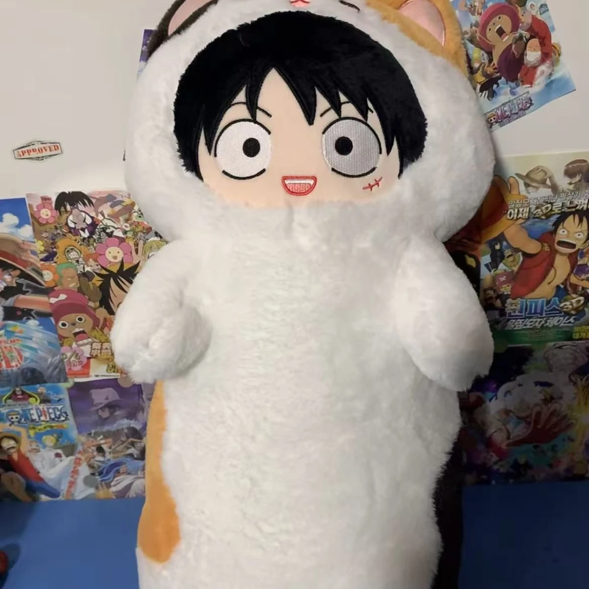 Фото Большая плюшевая подушка-игрушка в виде персонажей аниме One Piece (Луффи, Санджи, Нами, Сабо) с кошачьими ушками, мягкая подушка для дивана, декор для кровати, подарок №4