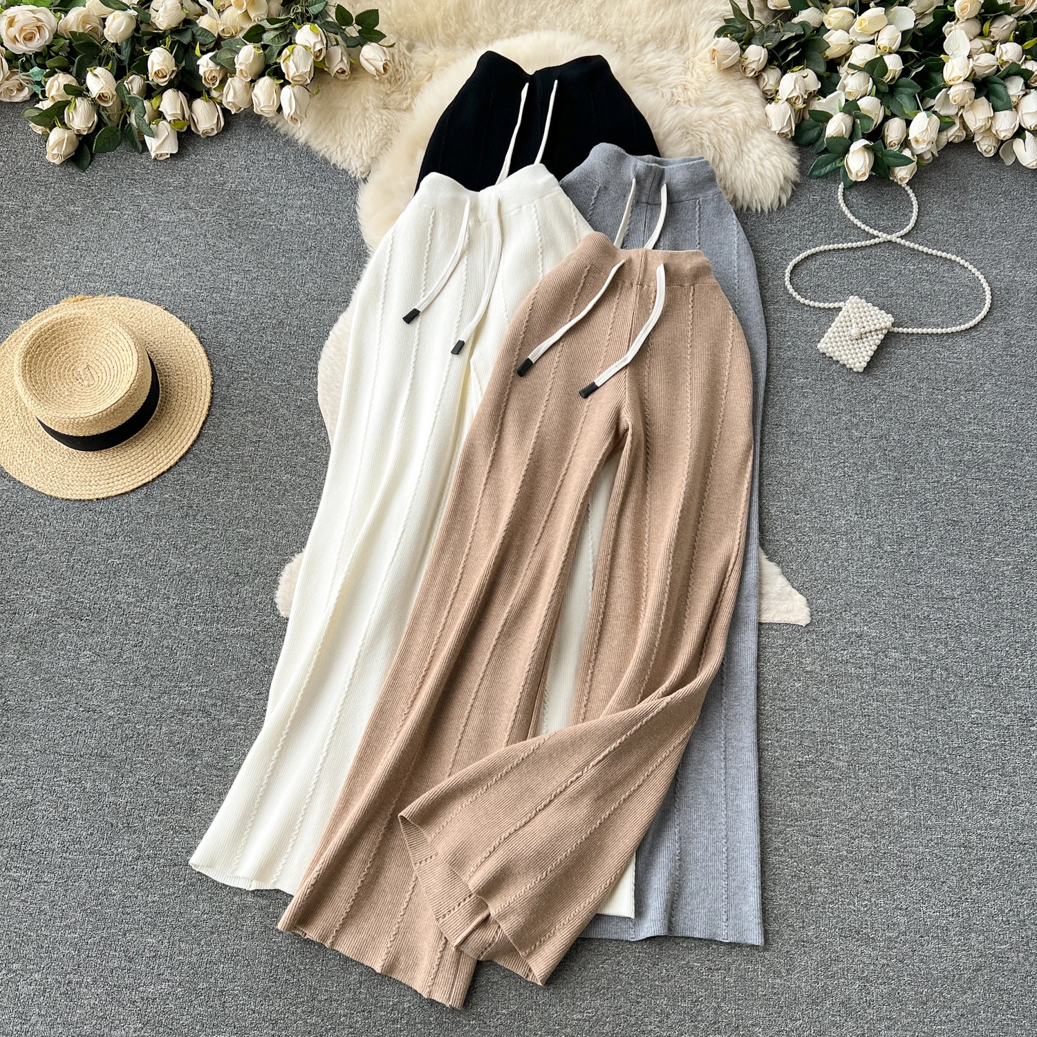 

Брюки женские трикотажные с завышенной талией, однотонные модные элегантные брюки с широкими штанинами в Корейском стиле, повседневная винтажная уличная одежда, осень-зима