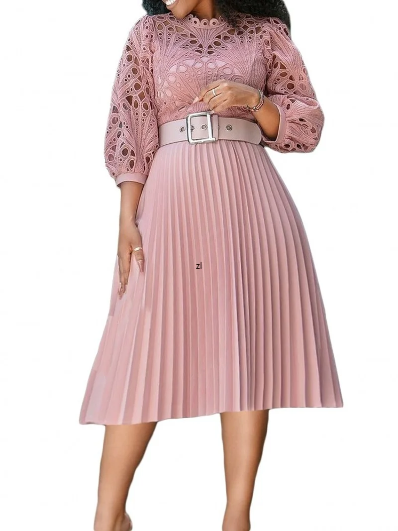 

Chic Women Midi Dresses Summer Hollow Out Three Quarter Sleeve Tunics Dress Elegant Party Birthday Big Size White Black Outfits