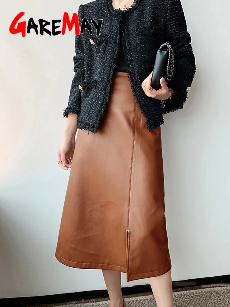 Autumn Winter Women's Leather Skirt with Side Slit A-line Vintage Long Midi High Waist Pu Faux Pencil | Женская одежда