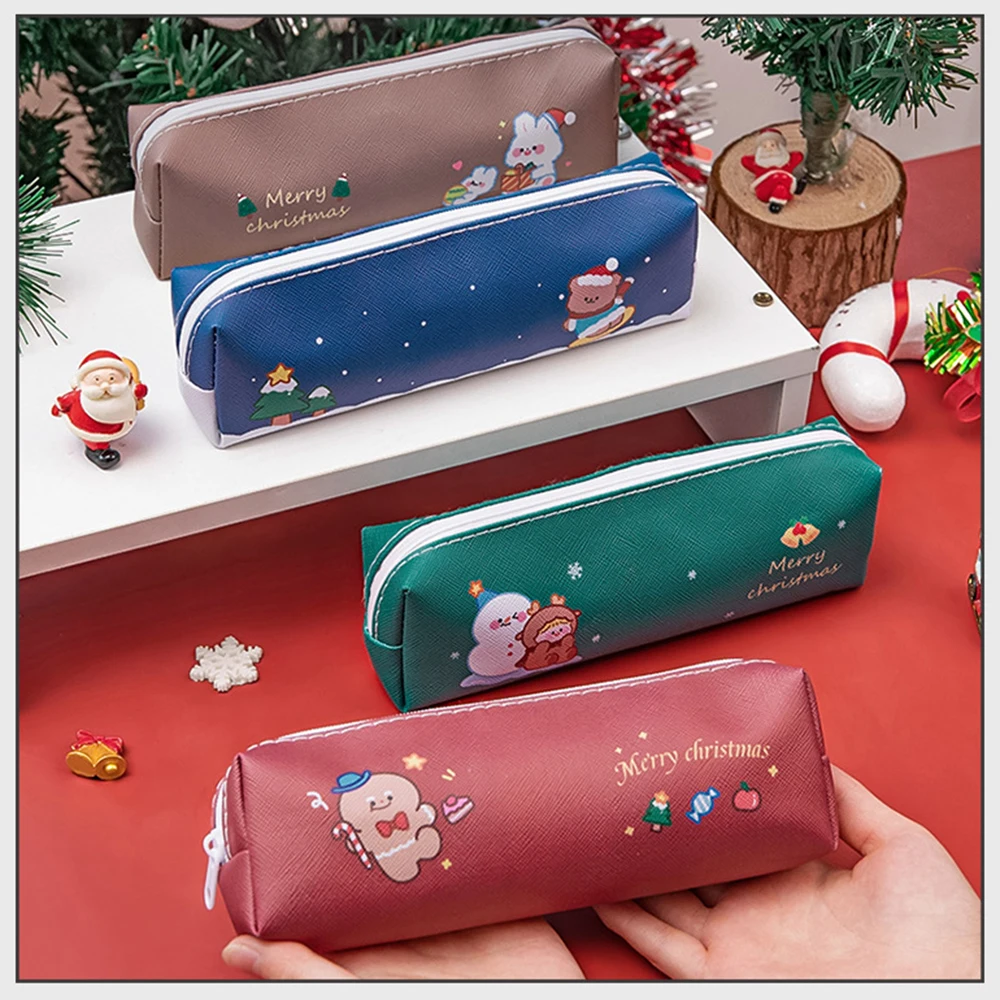 

PU Christmas Cartoon Pencil Case Large Capacity Stationery Pencil Case Children Christmas Gift Gingerbread Man Elk Pencil Case