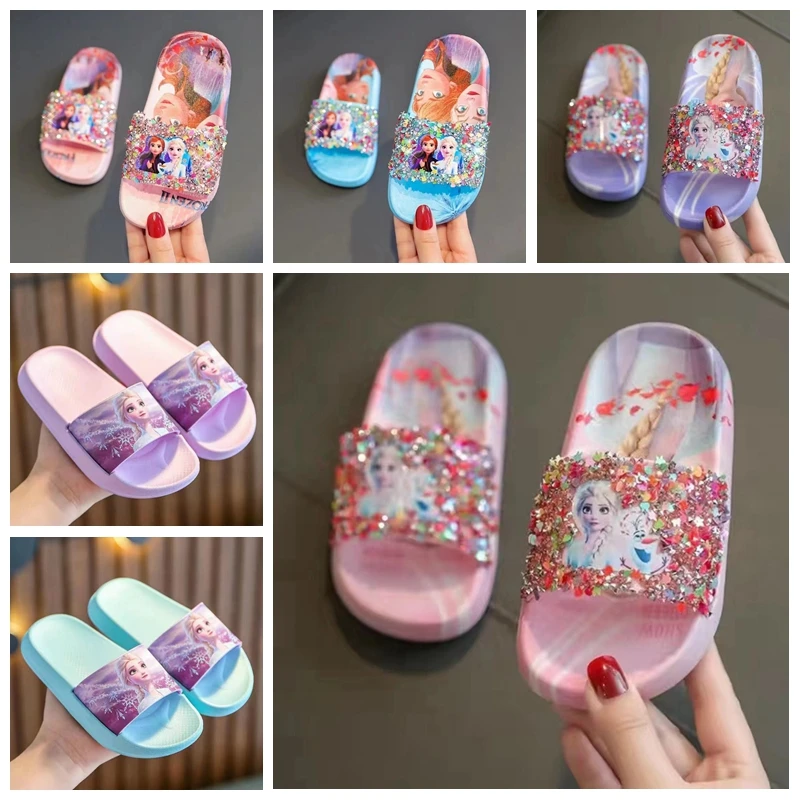 New Frozen Anna Elsa Olaf Slippers For Girls Summer Children Lovely Baby Cartoon Princess Cute Crystal Flat Kid Beach Home Shoes
