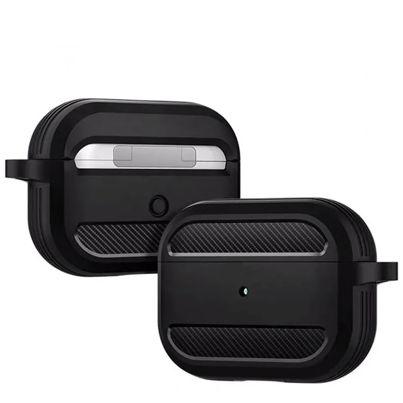 

Soft TPU Matte Case For Apple Airpods Pro Airpod 2 & 1 Case Carbon Fiber Texture Shockproof Protective Cover with Carabiner