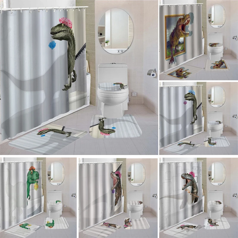 

Dinosaur Bathroom Waterproof Shower Curtain Sets with Non-slip Mat Rug Durable Bath Carpet Lid Toilet Cover Door Mats Bathing