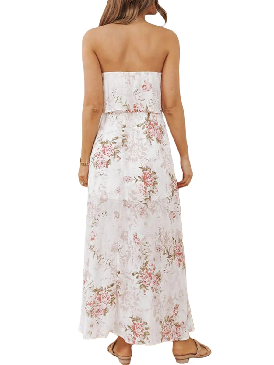 

Women s Bohemian Maxi Dress with Floral Print and Slit Flowy Sleeveless Beach Dress for Party and Streetwear