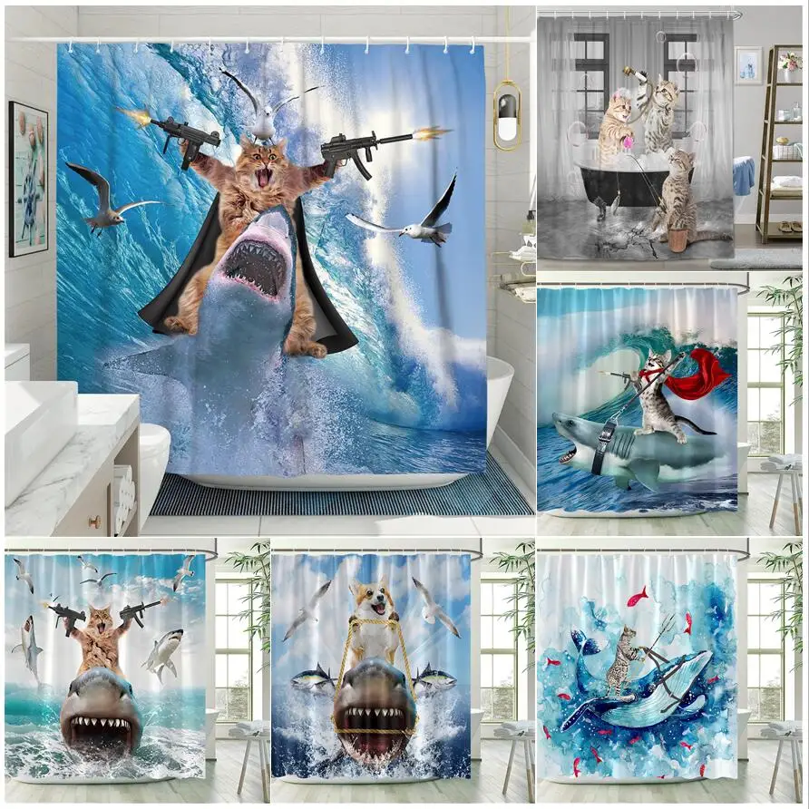 Funny Cat Shower Curtains Sea Waves Sharks Birds Fun Animals Ocean Landscape Fabric Bathroom Decor Children Bath Curtain Sets