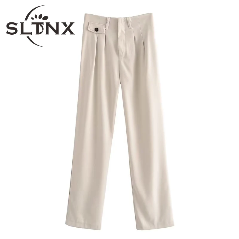

SLTNX 2022 Women Fashion High Waist Straight Pants Female Solid with Pockets Button Loose Pants Ladies Chic Casual Trousers