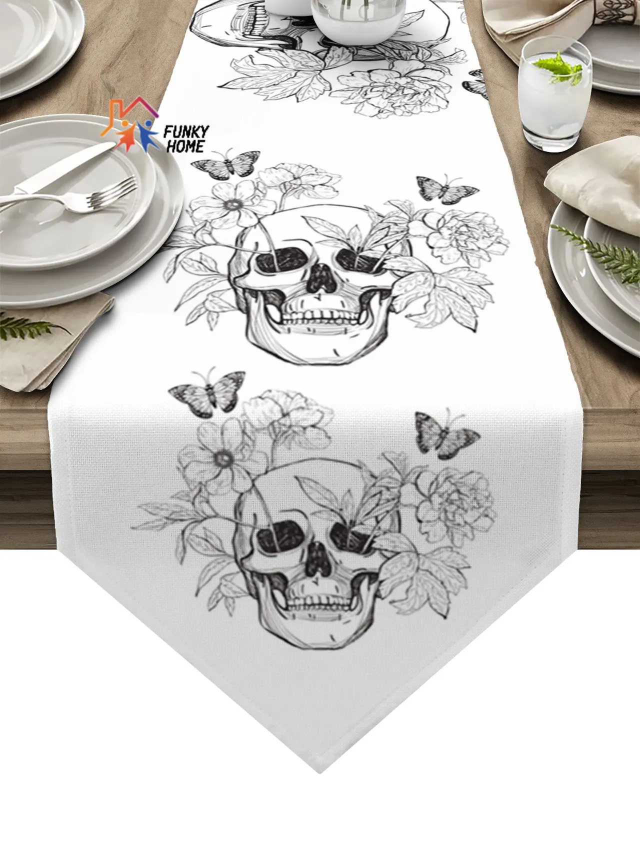 

Настольная дорожка с черепом, цветком, бабочкой, листьями для свадьбы, праздника, вечеринки, кухни, обеденного стола, табличка с флагом