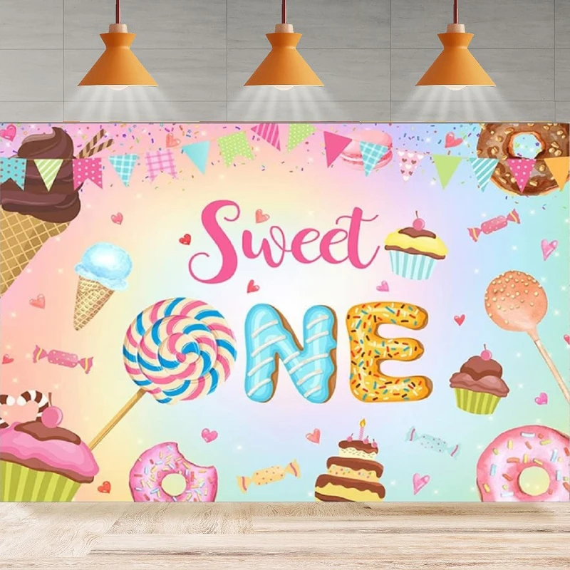 Фон для фотосъемки Sweet One пончик конфеты мороженое красочные полосы фон первого