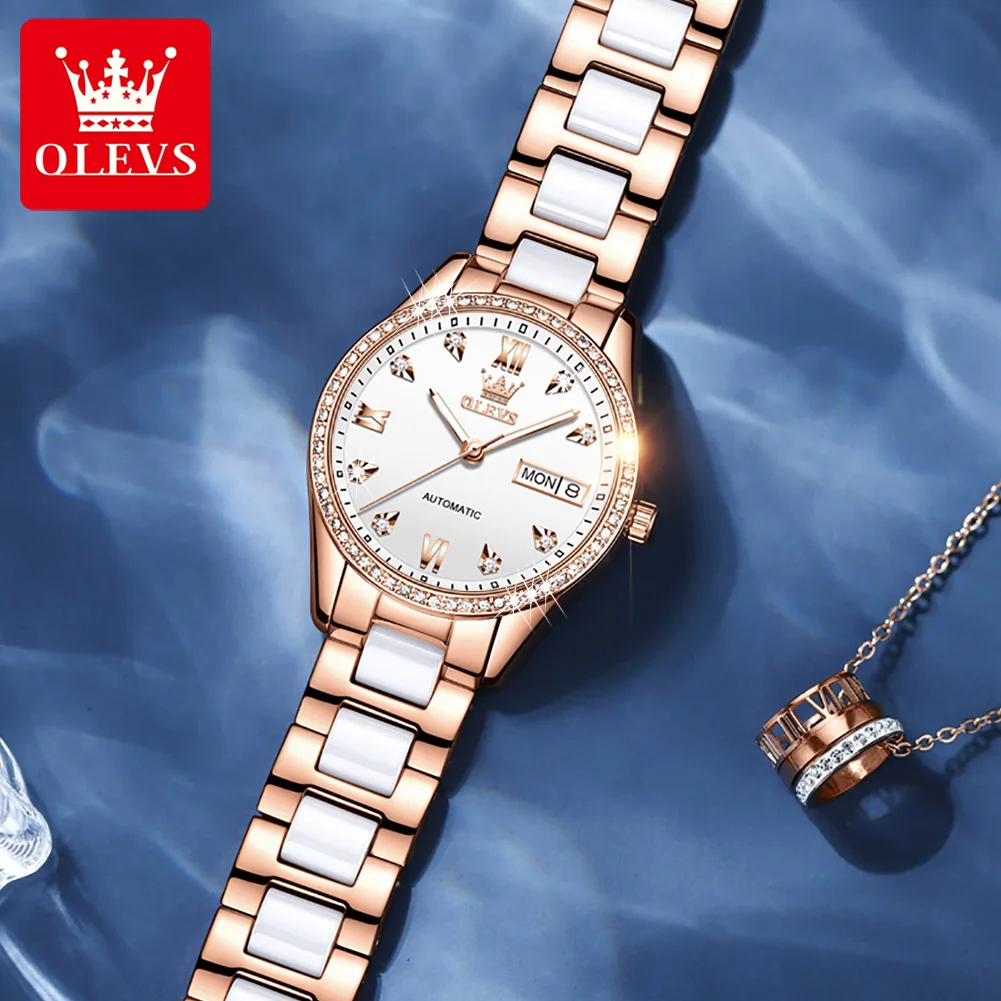 OLEVS Casual Fashion Rose Gold Ceramic Watch 2023 New Automatic Mechanical Women Watch Luminous With Weekly Calendar Reloj Mujer enlarge