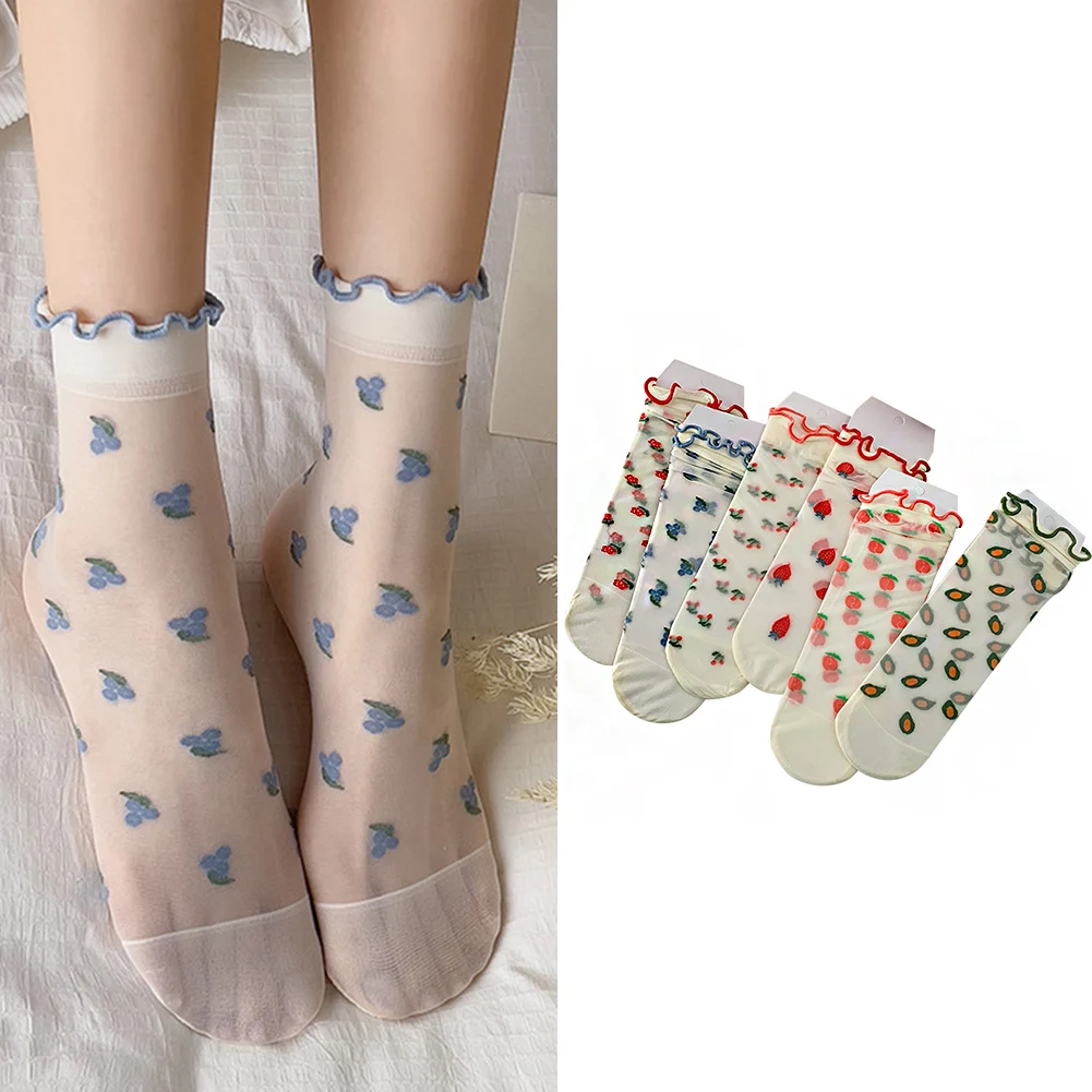 

Japanese Korea Style Casual Creative Transparent Crystal Silk Trend Women Socks Cartoon Fruit Ultrathin Glass Silk Socks Meias