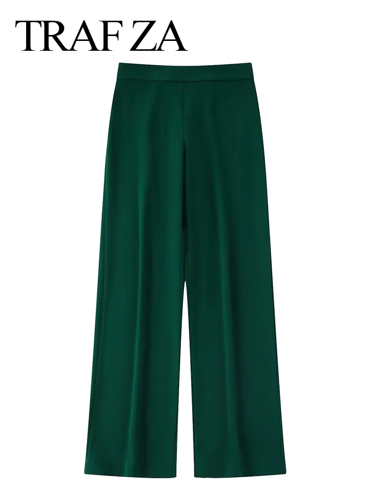 

TRAF ZA Women's Suit Pants Solid Color Green Simple Commuter Office Trousers Temperament 2022 Fashion Wide Leg Pants Spring Wear
