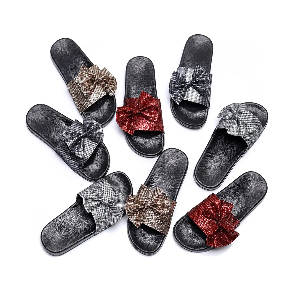 

Bow Tie with Sequins One Word Sandals for Women's Pure Color Leisure New Fashion Glossy Craft Sandal Large Bow Tie Flat Slippers