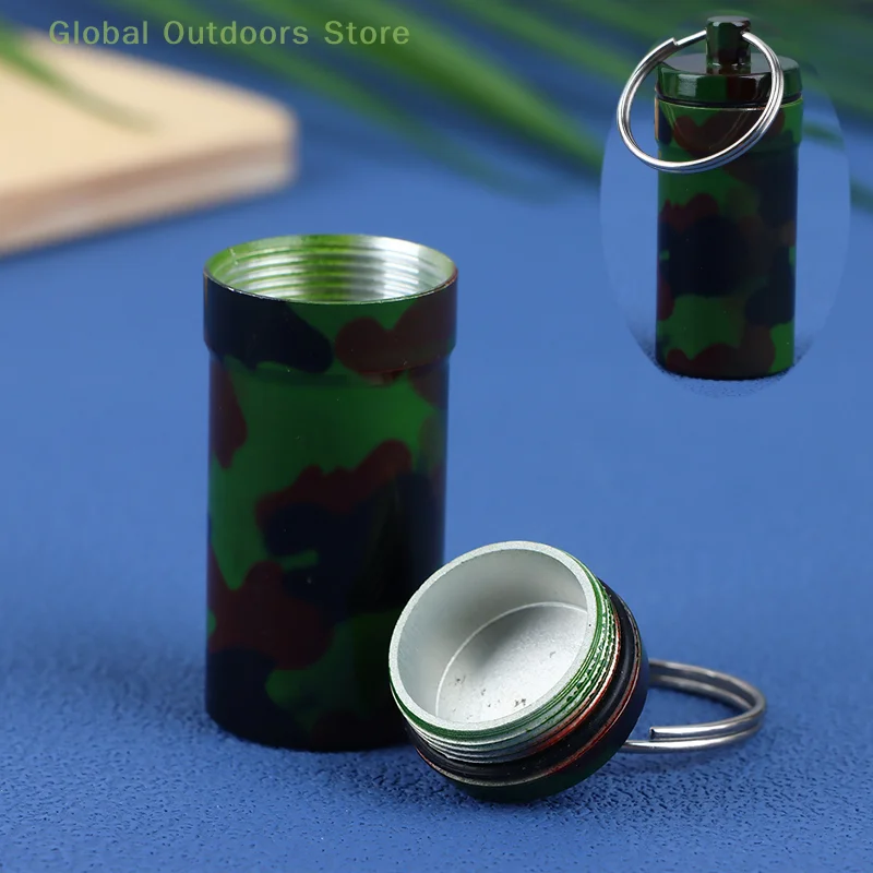 

1Pc Round Camouflage Waterproof Aluminum Alloy Medicine Box Container Bottle Holder Keychain Carabiner Outdoor Pill Case