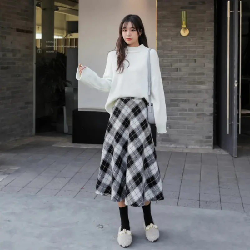 

Винтажные клетчатые женские плиссированные юбки в японском стиле, осенняя длинная юбка, корейские зимние свободные миди трапециевидные юбки в стиле Харадзюку