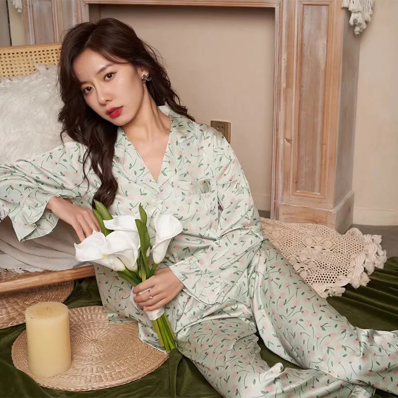 Pajamas women's simulation silk long-sleeved cardigan two-piece suit printed home clothes sleepwear nighty cloth tops+ trouser