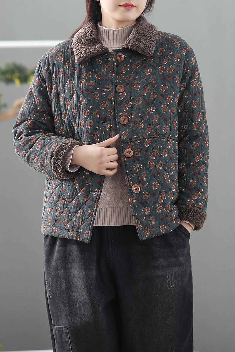 Winter Women Coat Thick Retro Floral Cotton-padded Warm Wool Long Sleeve Vintage Women Coat YoYiKamomo