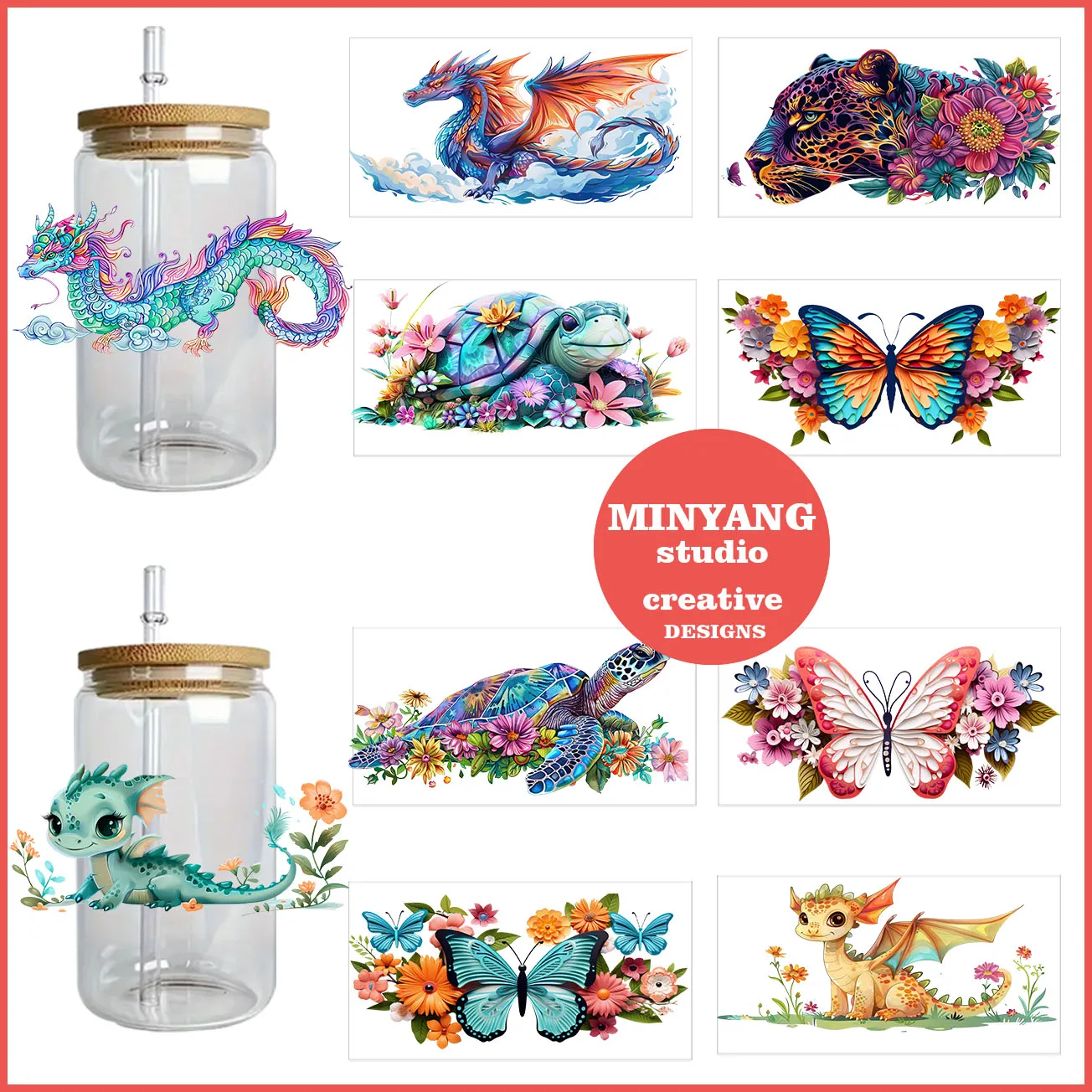 Colorful animals peel waterproof DIY Decals 3D transfers uvdtf crystal stickers 16oz uv dtf cup wraps for Libbey Glasses