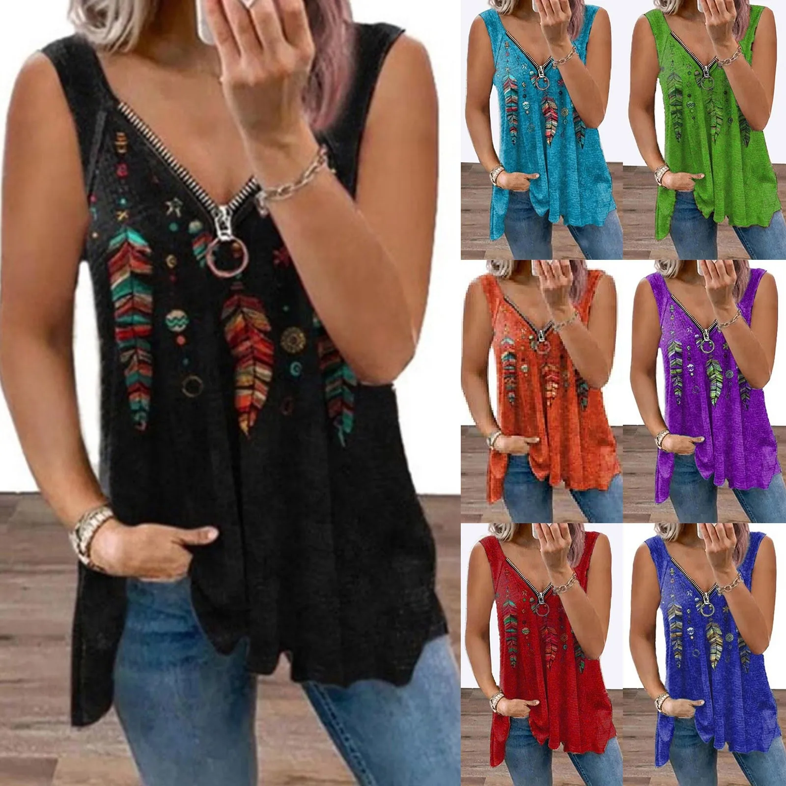 

2023 New Womens Print Summer Casual Sleeveless V Neck Zipper Up Tunic Tops Women's Active Shorts Long Sleeve Tees for Women Pack