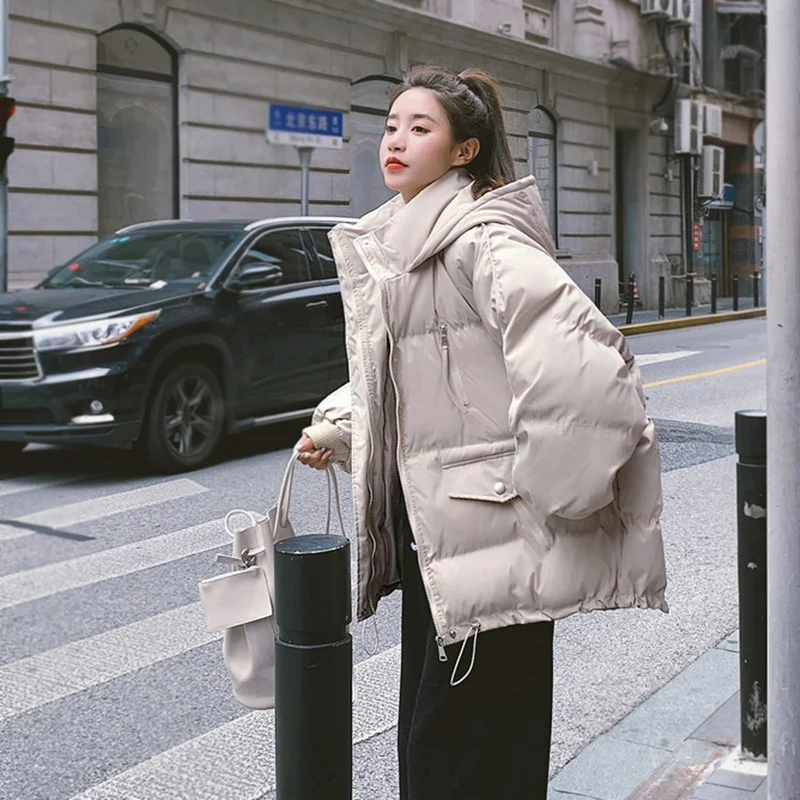 

Winter Parkas Korea Padding Bread Coat Thickened Warm Short Down Cotton Coat Student Women Loose Hooded Coat Beige Black