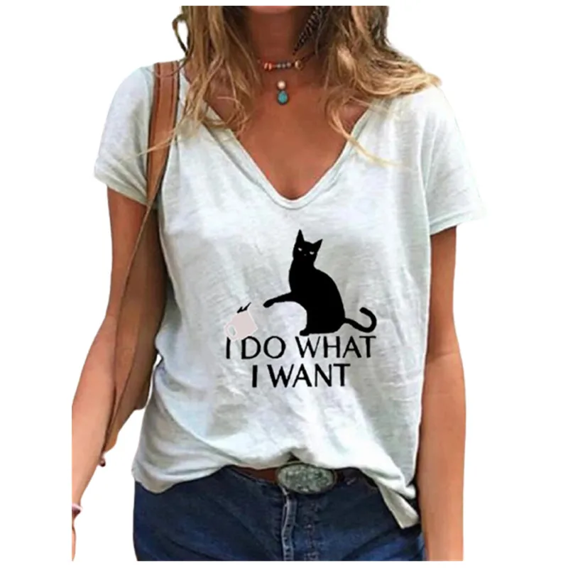 

2022 Women Cartoon Cat Print T-shirt Letter V-Neck Short Sleeve Casual Loose Clothes Plus Size