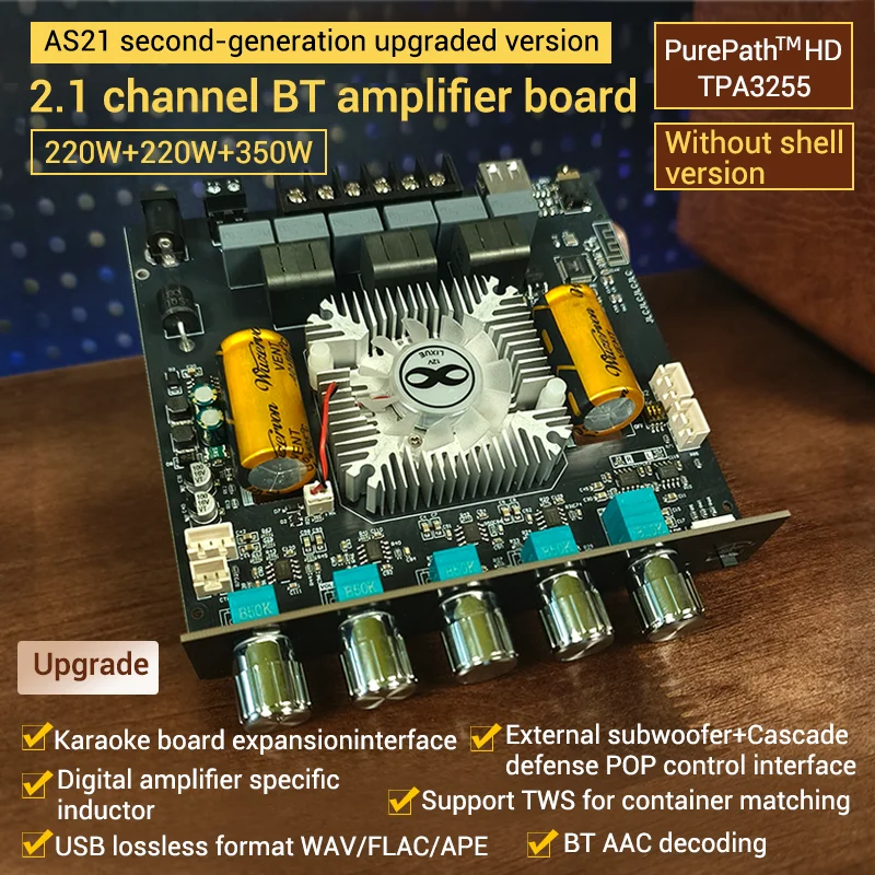 Фото ZK-AS21 2G AAC Декодирующий 2.1-канальный аудиомодуль усилителя TPA3255 с Bluetooth, регулировкой высоких и низких частот, 220Вт +220Вт +350Вт, TWS №2