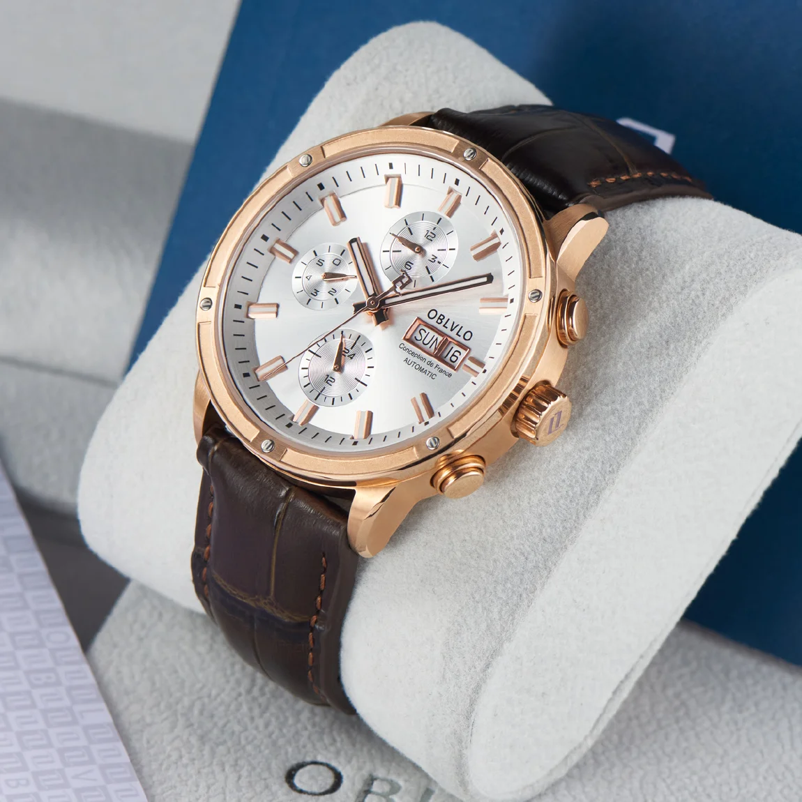 

OBLVLO Brand Men Automatic Mechanical Watch Leather Strap Sapphire Waterproof Auto Date 24Hour Dress Style Diameter 42mm CM