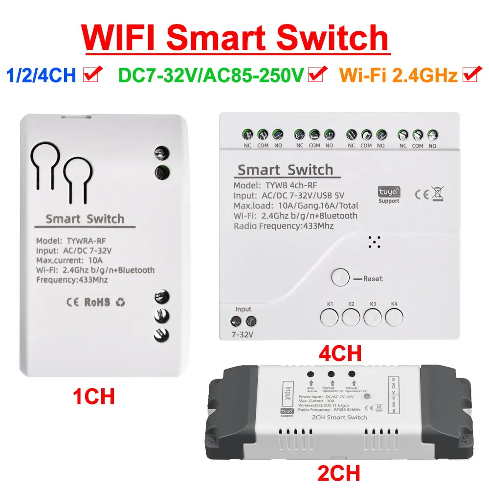 Akıllı uzaktan kumanda kablosuz WiFi anahtar modülü DC 7-32V 85-250V RF alıcı 10A WiFi röle modülü