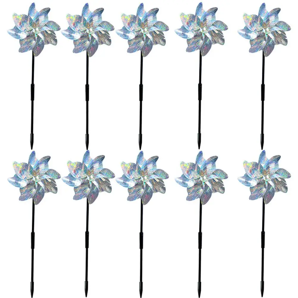 

10pcs Bird Repellent Windmills Spinner DIY Birds Deterrent Silver Pinwheels for Outdoor Garden Lawn Yard Decoration