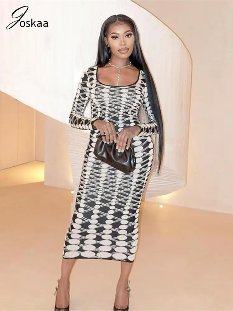 

Joskaa Модное 3D абстрактное печатное платье миди женское хипстерское сексуальное платье с квадратным воротником и длинным рукавом 2023 Y2K уличная одежда